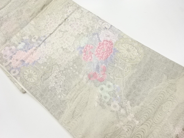 JAPANESE KIMONO / VINTAGE FUKURO OBI / PLATINUM FOIL / WOVEN FLORAL CART